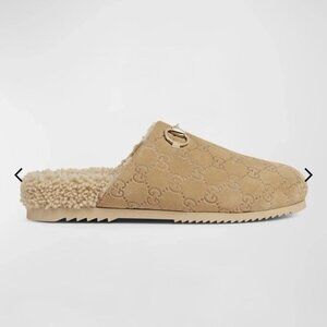 Horsebit Gucci GG Suede Shearling Mules